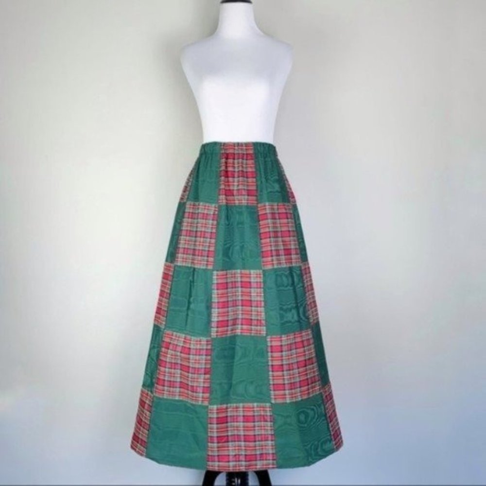 Vintage 70s Green & Red Plaid Satin Patchwork Maxi A-Line Skirt by Mr. Hank - Picture 2 of 8